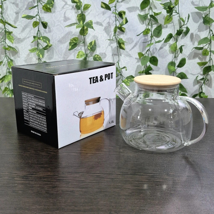 قوری پیرکس درب بامبو ۱۰۰۰ میل 1000ml Pyrex Teapot with Bamboo Lid