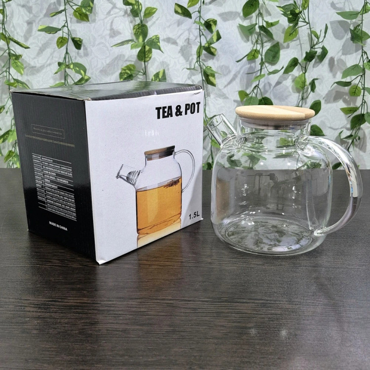 قوری پیرکس درب بامبو ۱۵۰۰ میل 1500ml Pyrex Teapot with Bamboo Lid