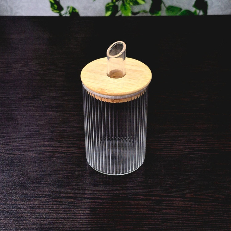 شکرریز پیرکس گرد درب بامبو راه راه Striped Round Pyrex Sugar Dispenser with Bamboo Lid