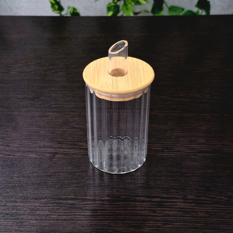 شکرریز پیرکس گرد درب بامبو راه راه Striped Round Pyrex Sugar Dispenser with Bamboo Lid