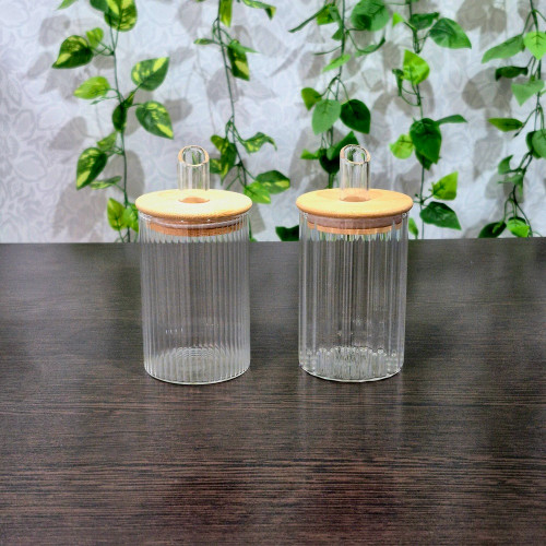 شکرریز پیرکس گرد درب بامبو راه راه Striped Round Pyrex Sugar Dispenser with Bamboo Lid