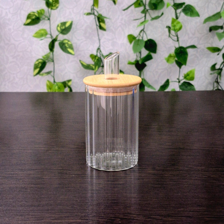 شکرریز پیرکس گرد درب بامبو راه راه Striped Round Pyrex Sugar Dispenser with Bamboo Lid