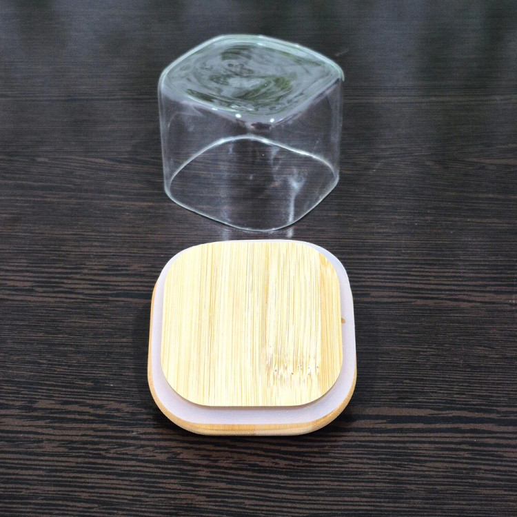 قندان پیرکس مربعی با درب بامبو Square Pyrex Sugar Bowl with Bamboo Lid