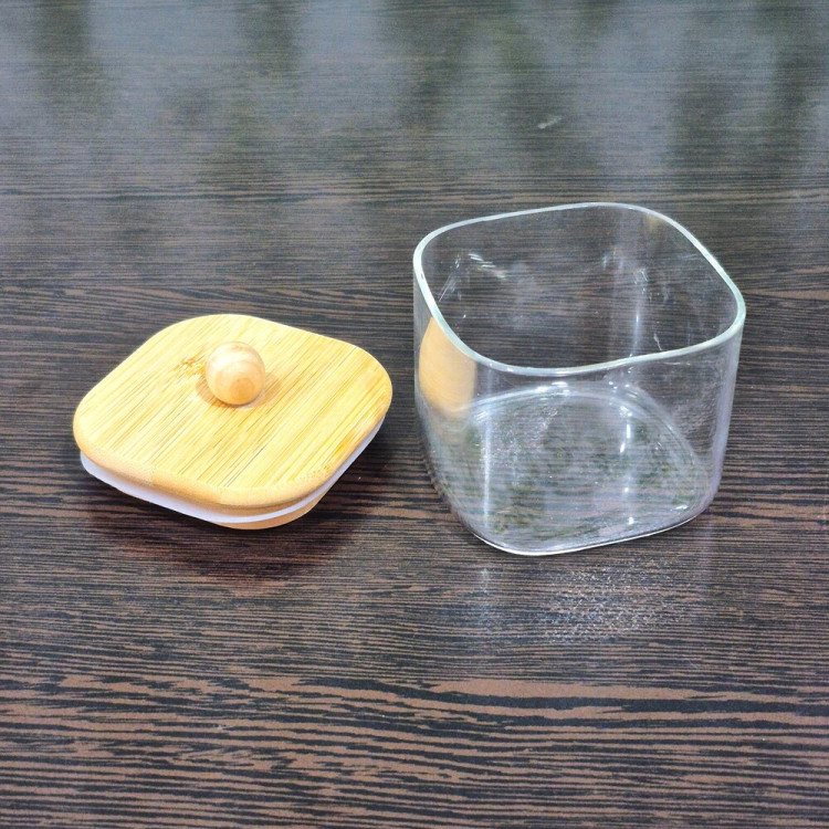 قندان پیرکس مربعی با درب بامبو Square Pyrex Sugar Bowl with Bamboo Lid