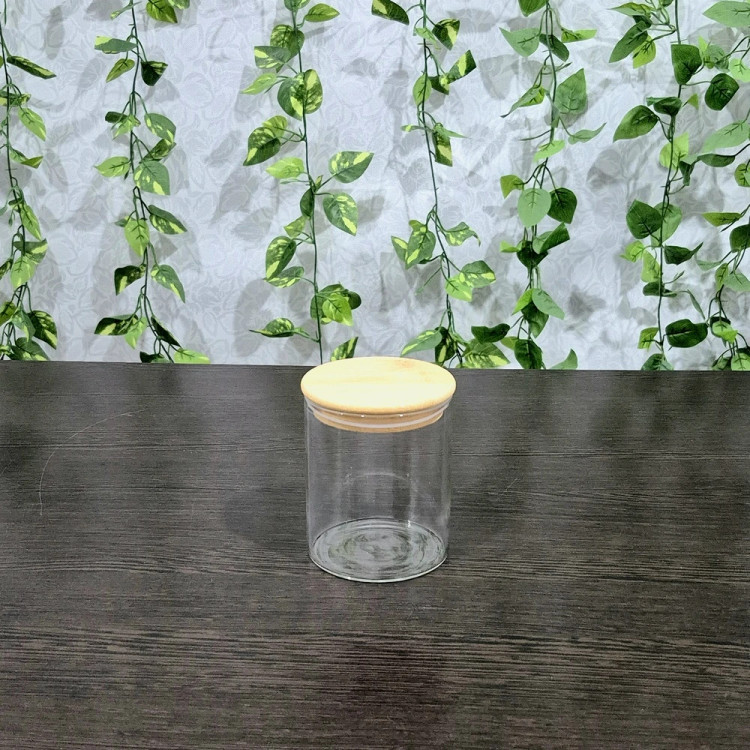 بانکه پیرکس گرد درب بامبو قطر ۸/۵ ارتفاع ۸،۱۰،۱۲،۱۵ و ۲۰ سانتیمتر Round Pyrex Storage Jar with Bamboo Lid — Diameter 8.5 cm, Heights 8, 10, 12, 15, and 20 cm