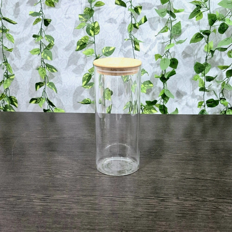 بانکه پیرکس گرد درب بامبو قطر ۸/۵ ارتفاع ۸،۱۰،۱۲،۱۵ و ۲۰ سانتیمتر Round Pyrex Storage Jar with Bamboo Lid — Diameter 8.5 cm, Heights 8, 10, 12, 15, and 20 cm