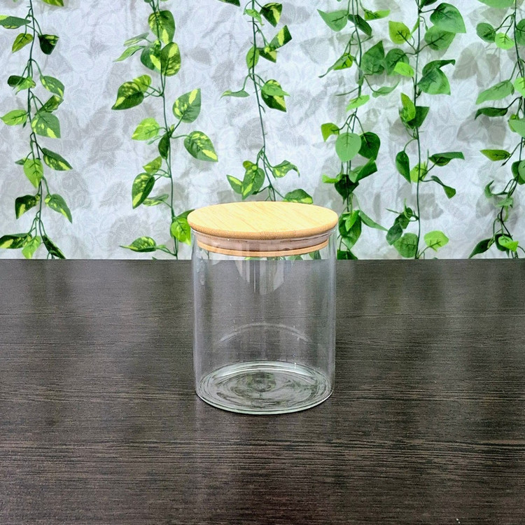 بانکه پیرکس گرد درب بامبو قطر ۱۰ ارتفاع ۱۲،۱۵ و ۲۰ سانتی متر Round Pyrex Storage Jar with Bamboo Lid — Diameter 10 cm, Heights 12, 15, and 20 cm
