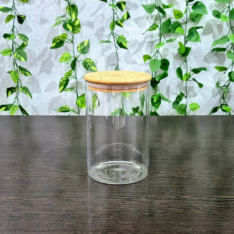بانکه پیرکس گرد درب بامبو قطر ۱۰ ارتفاع ۱۲،۱۵ و ۲۰ سانتی متر Round Pyrex Storage Jar with Bamboo Lid — Diameter 10 cm, Heights 12, 15, and 20 cm