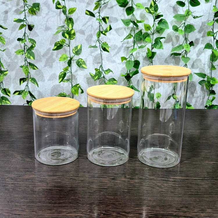 بانکه پیرکس گرد درب بامبو قطر ۱۰ ارتفاع ۱۲،۱۵ و ۲۰ سانتی متر Round Pyrex Storage Jar with Bamboo Lid — Diameter 10 cm, Heights 12, 15, and 20 cm