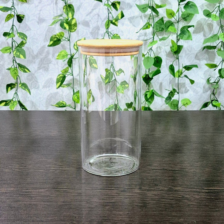 بانکه پیرکس گرد درب بامبو قطر ۱۰ ارتفاع ۱۲،۱۵ و ۲۰ سانتی متر Round Pyrex Storage Jar with Bamboo Lid — Diameter 10 cm, Heights 12, 15, and 20 cm
