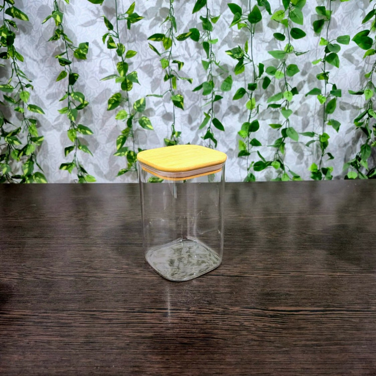 بانکه پیرکس مربعی ساده درب بامبو ابعاد کف ۱۰×۱۰ ارتفاع ۱۰،۱۵ و ۲۰ سانتی متر Simple Square Pyrex Storage Jar with Bamboo Lid — Base 10×10 cm, Heights 10, 15, and 20 cm