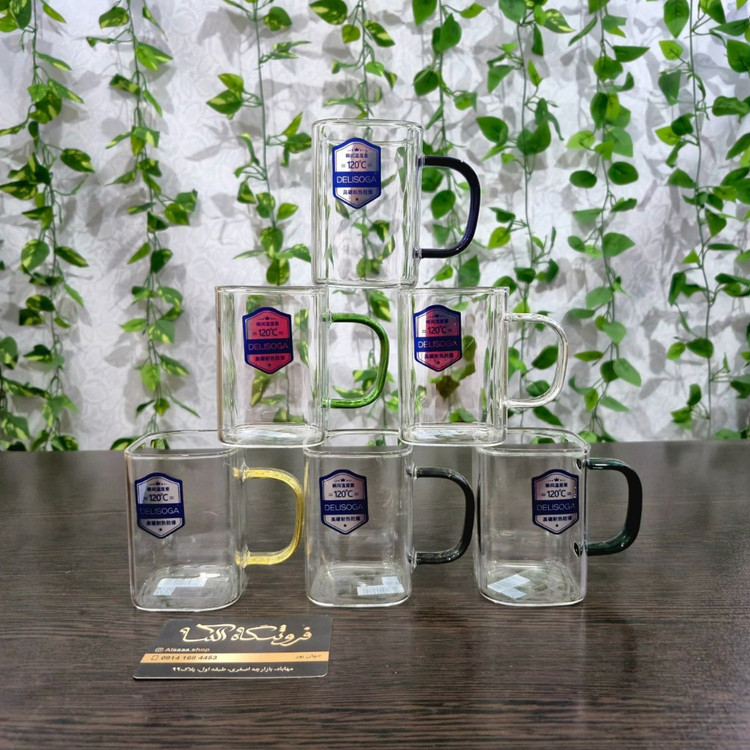 استکان پیرکس دسته رنگی برند دلی سوگا حجم ۲۳۰ میل - Deli Soga brand, 230 ml colored handle Pyrex tea glass