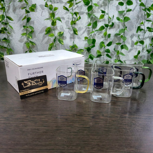 استکان پیرکس دسته رنگی برند دلی سوگا حجم ۲۳۰ میل - Deli Soga brand, 230 ml colored handle Pyrex tea glass