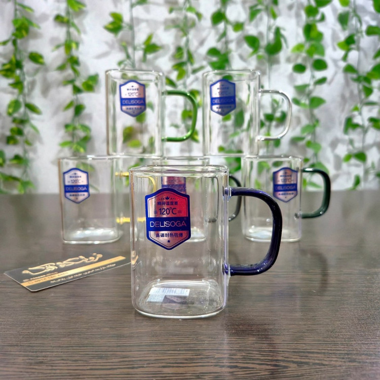 استکان پیرکس دسته رنگی برند دلی سوگا حجم ۲۳۰ میل - Deli Soga brand, 230 ml colored handle Pyrex tea glass
