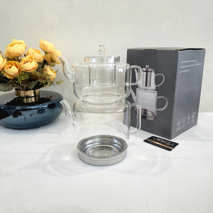 کتری و قوری پیرکس زیره استیل ساده - Plain stainless steel base Pyrex kettle and teapot set