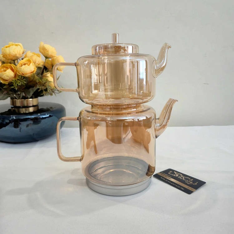 کتری و قوری پیرکس زیره استیل شامپاینی ساده - Plain champagne Pyrex kettle and teapot set with stainless steel base