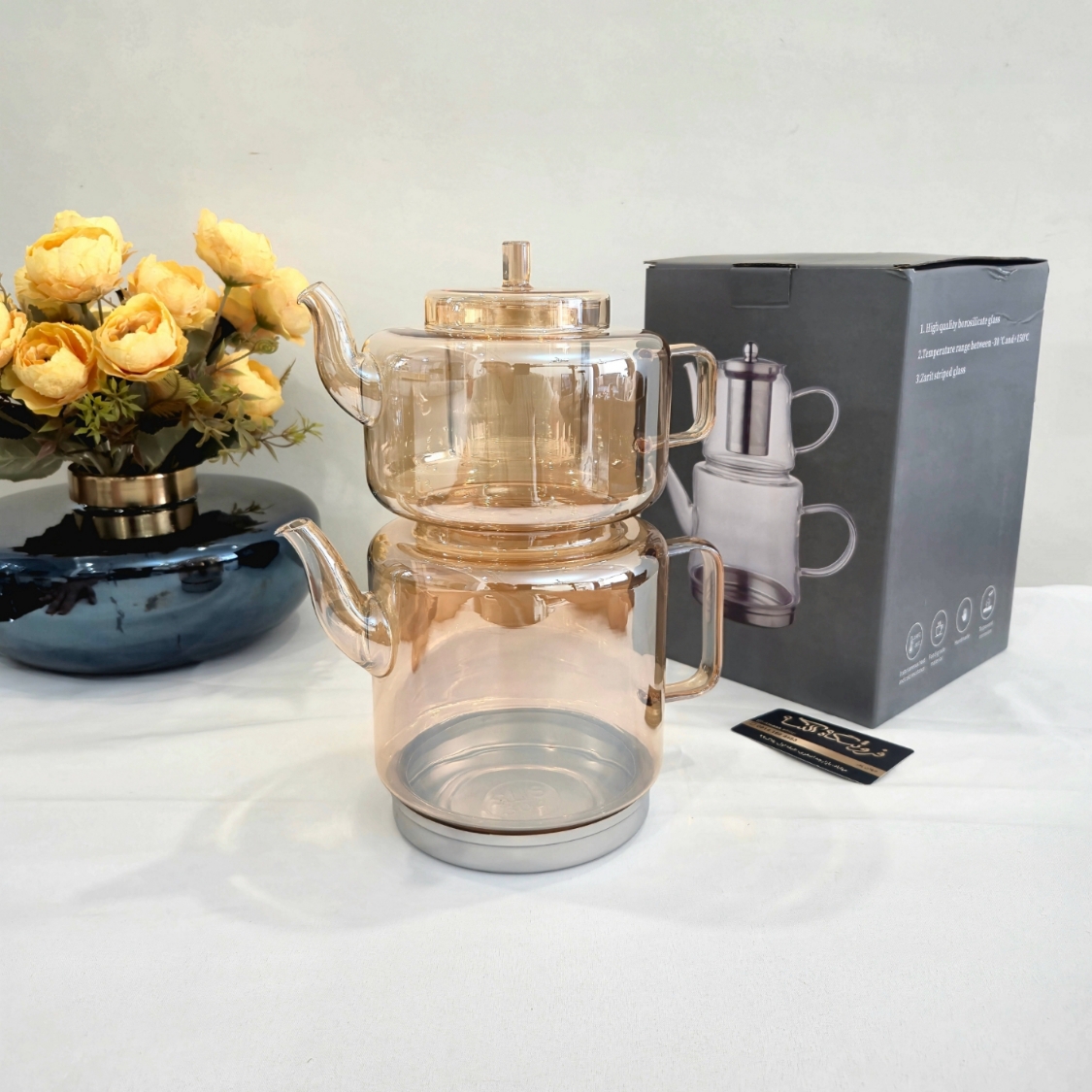 کتری و قوری پیرکس زیره استیل شامپاینی ساده - Plain champagne Pyrex kettle and teapot set with stainless steel base