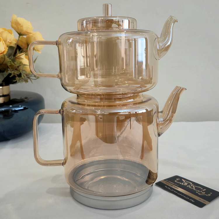 کتری و قوری پیرکس زیره استیل شامپاینی ساده - Plain champagne Pyrex kettle and teapot set with stainless steel base