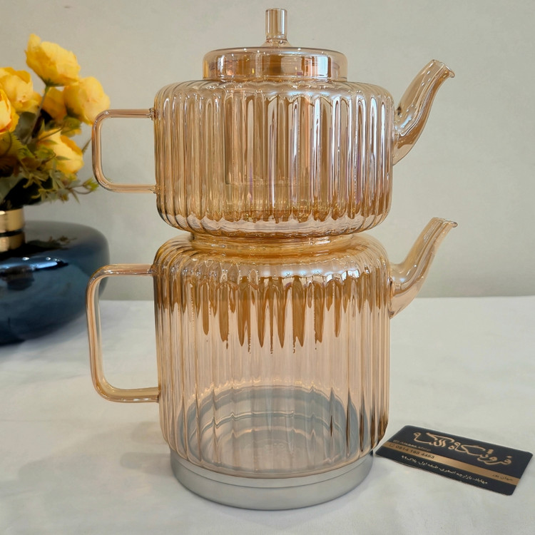 کتری و قوری پیرکس زیره استیل شامپاینی راه راه - Striped champagne Pyrex kettle and teapot set with stainless steel base
