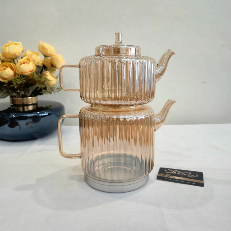 کتری و قوری پیرکس زیره استیل شامپاینی راه راه - Striped champagne Pyrex kettle and teapot set with stainless steel base