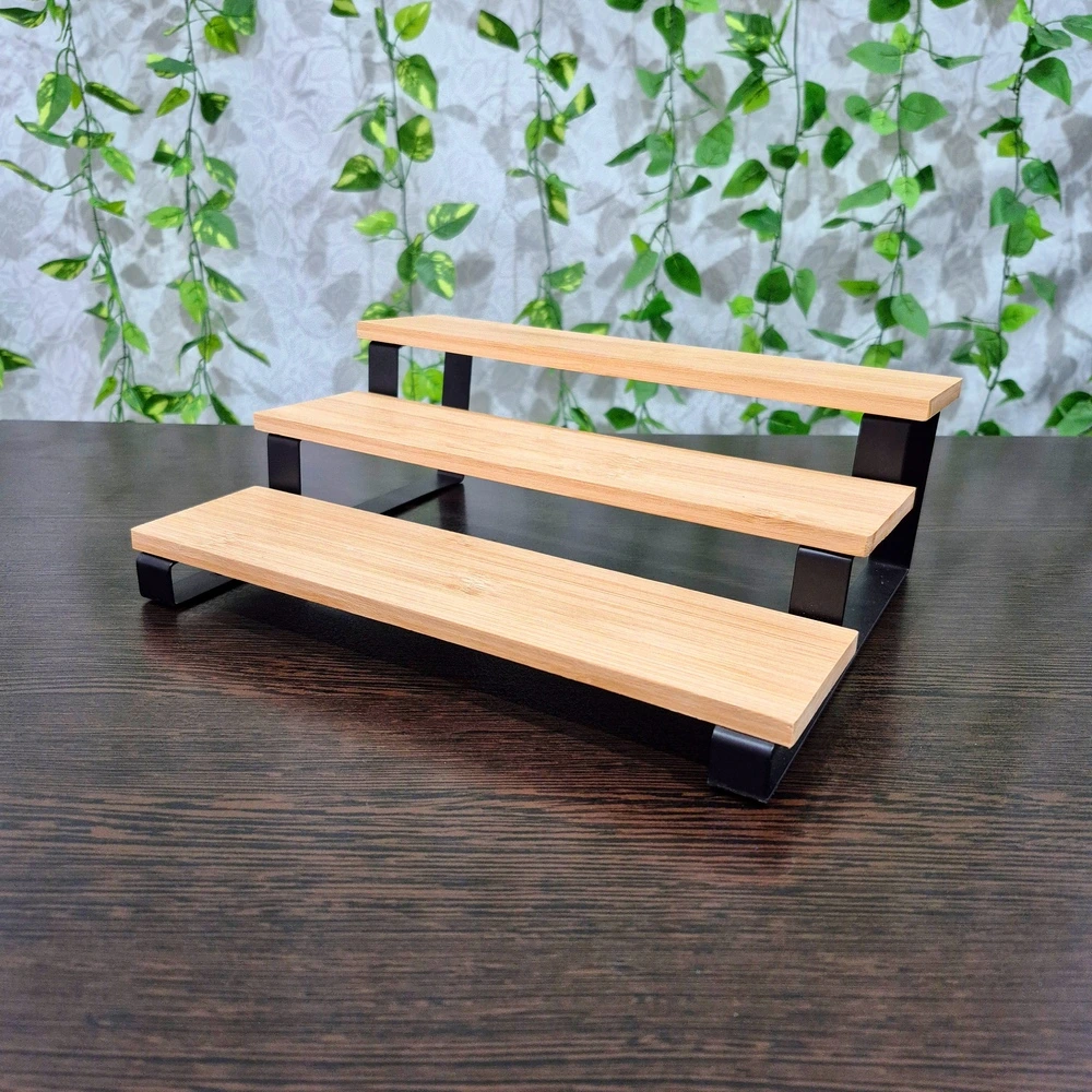 Three-tier metal and bamboo stand